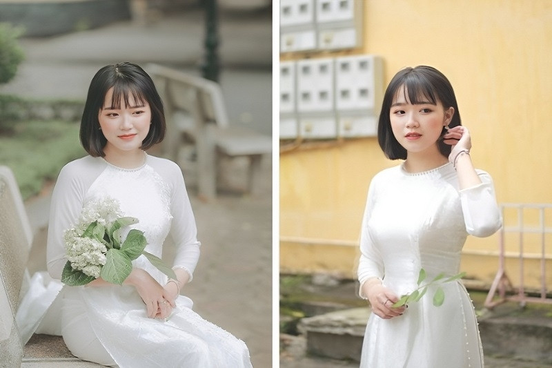 Kiểu tóc ngắn rẽ ngôi giữa uốn cúp chữ C dày dặn, tôn lên vẻ quyến rũ và sang trọng khi mặc áo dài