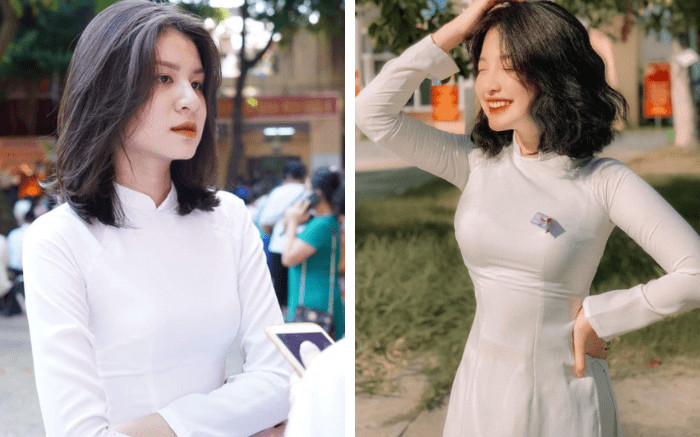 Kiểu tóc ngang vai uốn phồng cúp đuôi hiện đại khi mặc áo dài