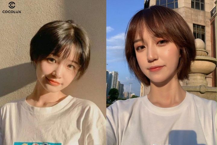 Kiểu tóc tém cho mặt dài với mái rẽ lệch hoặc uốn phồng giúp khuôn mặt trông đầy đặn và cân đối hơn