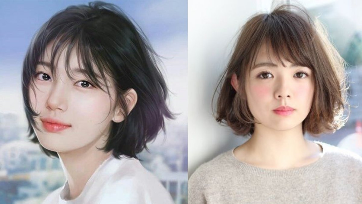 Kiểu tóc uốn sóng nước ngắn uốn nhẹ kết hợp mái xéo