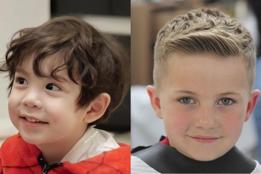 Kiểu tóc xoăn nhẹ hoặc undercut làm nổi bật bé trai mặt tròn khi đi học