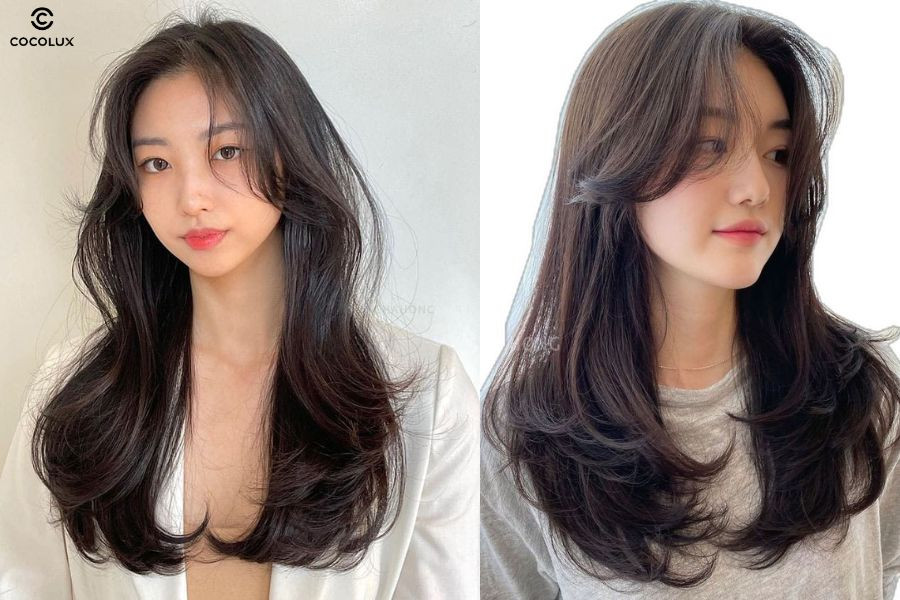 Mái rẽ ngôi giữa kết hợp uốn nhẹ mang đến vẻ thanh lịch cho mặt dài