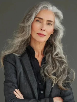 Mái tóc dài qua vai uốn xoăn nhẹ nhàng cho quý bà 70 tuổi, toát lên vẻ đẹp sang trọng