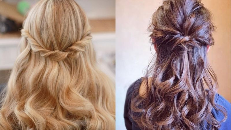 Mái tóc uốn xoăn bồng bềnh cột nửa đầu phong cách công chúa