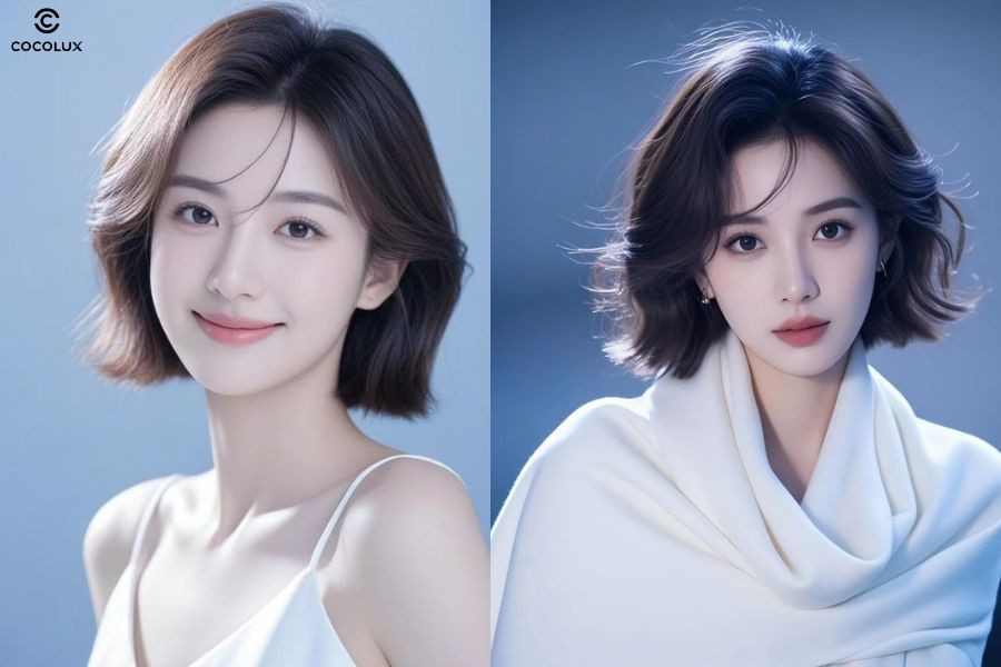 Mái xoăn sóng lệch tạo hiệu ứng bồng bềnh, giúp che trán cao một cách tinh tế