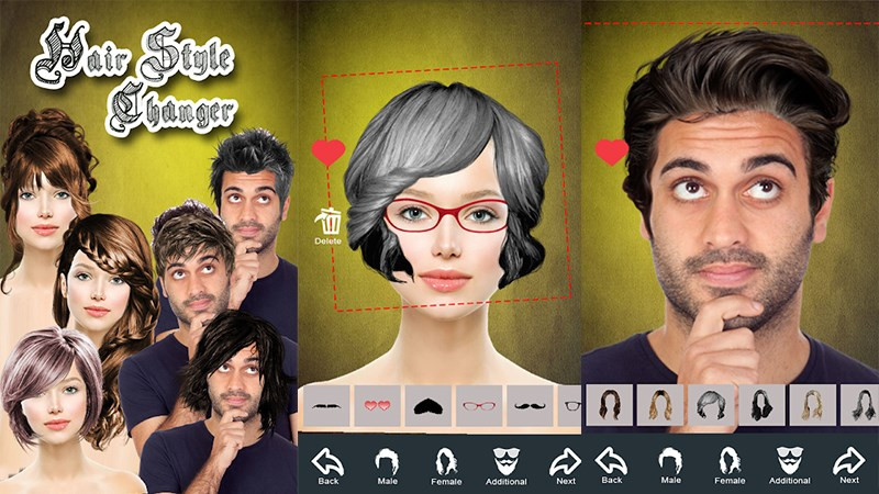 Màn hình ứng dụng Hair Style Changer với hình ảnh một người đàn ông thử nhiều kiểu tóc