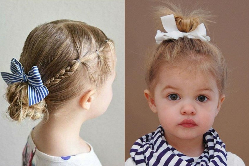 Mẫu tóc búi kết hợp nơ xinh xắn cho bé gái 4 tuổi đi tiệc
