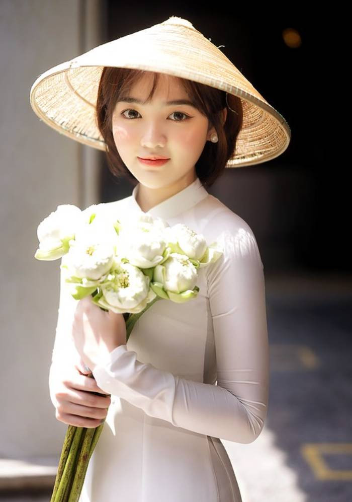 Mẫu tóc ngắn mái thưa uốn cụp thanh lịch khi mặc áo dài trắng