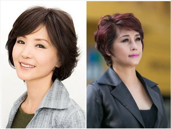 Màu tóc nhuộm tông trầm ấm sang trọng cho tóc ngắn tuổi 40 mặt tròn