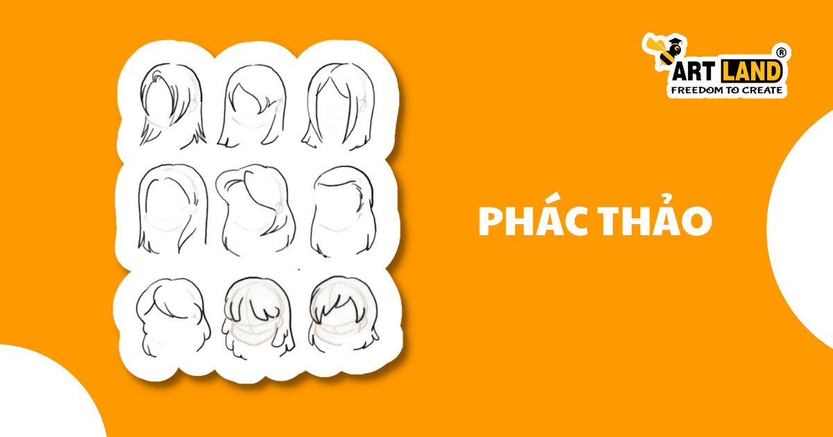 Minh họa các bước phác thảo cơ bản cho nhiều dáng tóc, từ tóc xoăn đến tóc búi, trong kỹ thuật vẽ kiểu tóc.
