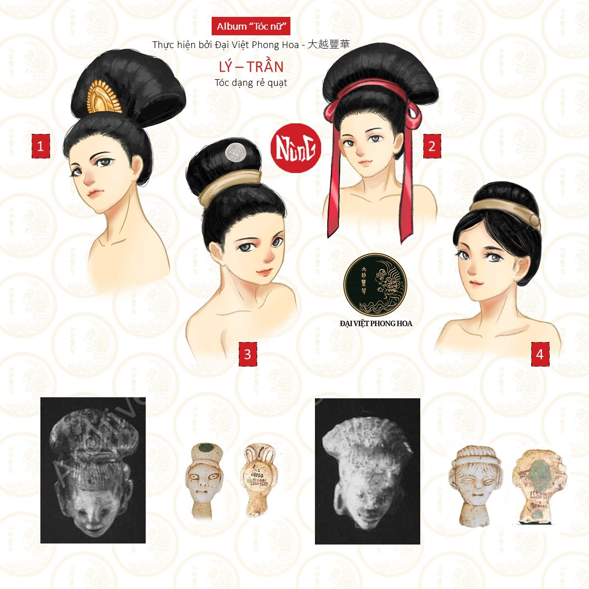 Minh họa các kiểu tóc hình rẽ quạt, nghệ thuật tạo hình tóc của phụ nữ Việt cổ