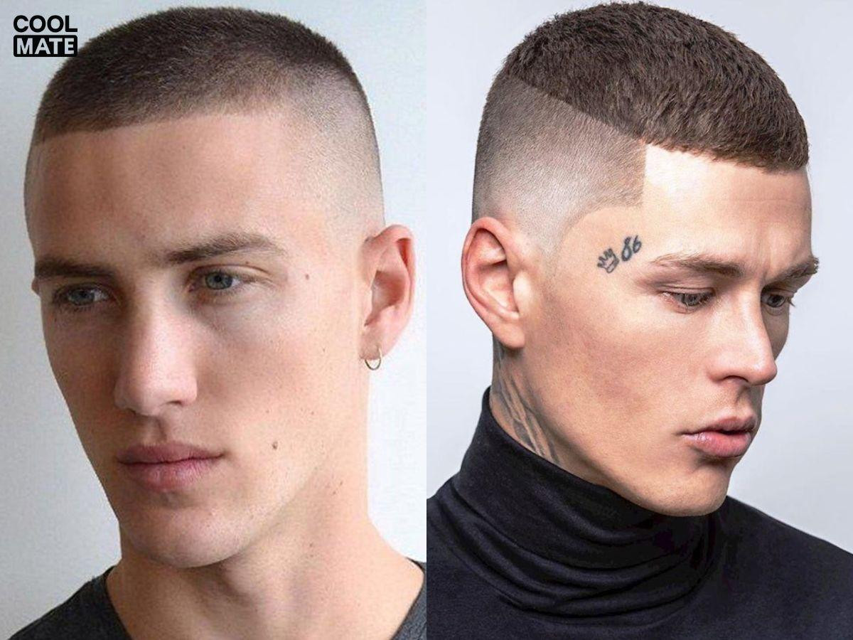 Một chàng trai có khuôn mặt dài tự tin với kiểu tóc đầu đinh mang lại vẻ trẻ trung, năng động