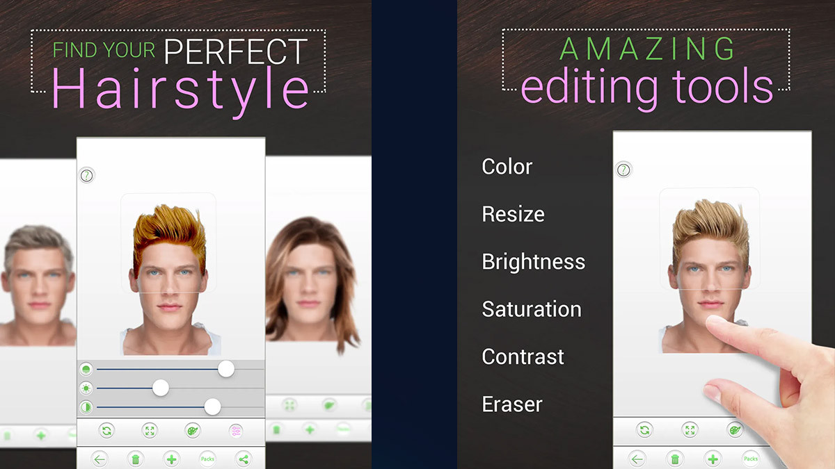 Một người đàn ông đang xem một bức ảnh trên điện thoại của mình, nơi hiển thị nhiều kiểu tóc nam khác nhau, cho thấy ứng dụng không chỉ là app đổi kiểu tóc nữ mà còn phục vụ cả nam giới.
