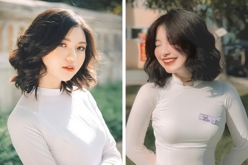 Nét trẻ trung, cá tính khi diện áo dài với mái tóc ngắn gợn sóng