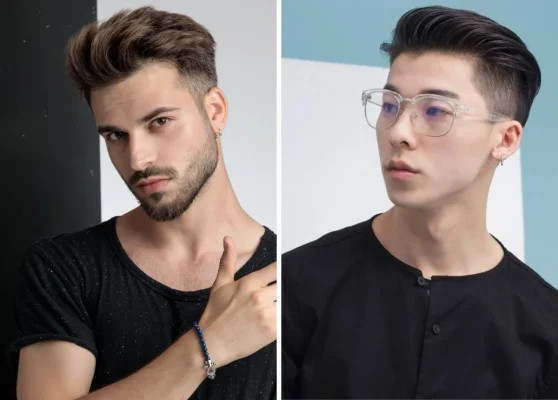 Người đàn ông lớn tuổi với kiểu tóc undercut cổ điển, mái tóc bạc được vuốt ngược