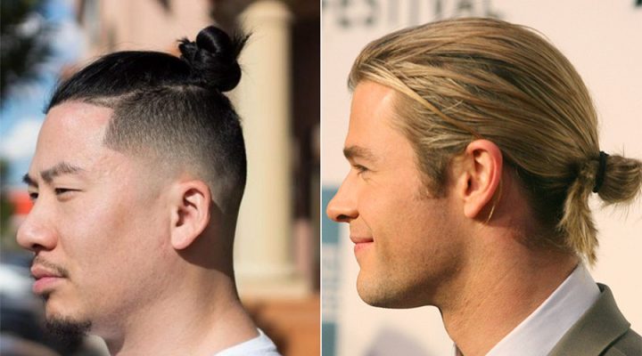 Người mẫu nam với kiểu tóc manbun cổ điển, búi cao gọn gàng, tôn lên vẻ nam tính.