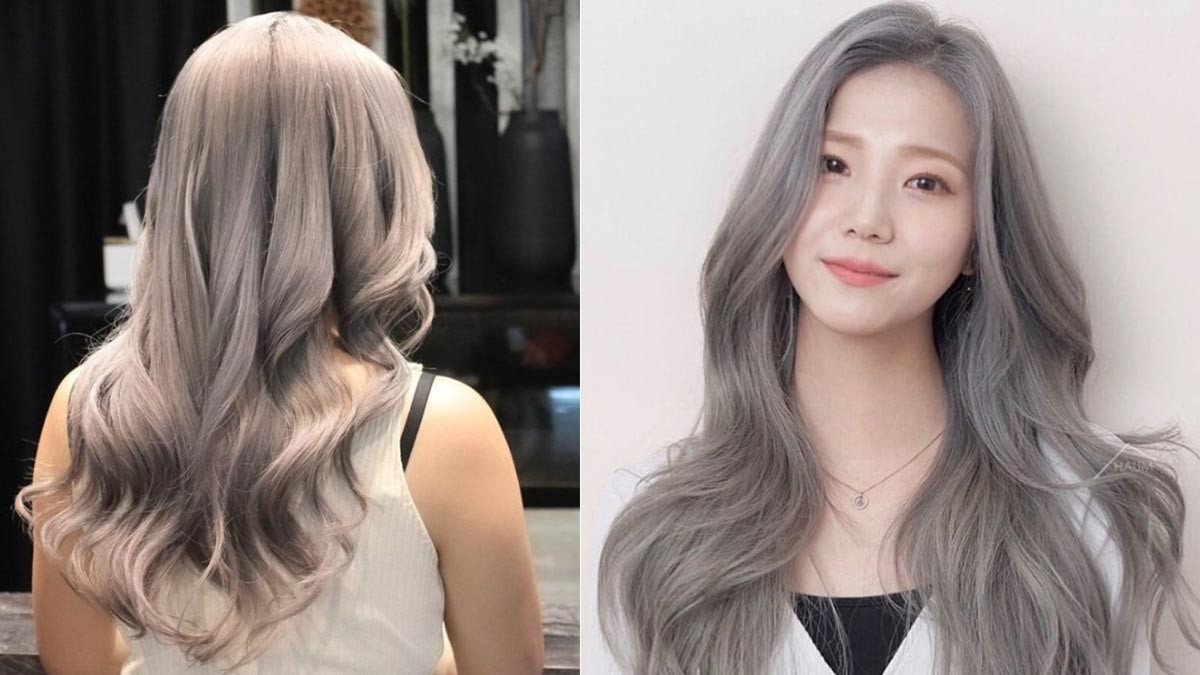 Người mẫu tóc ngắn duỗi phồng nhuộm màu khói bạc