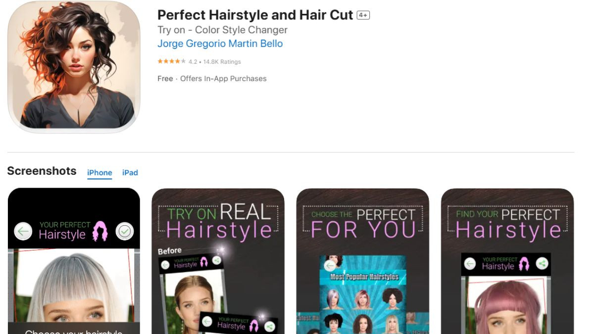 Người phụ nữ đang xem xét các kiểu tóc nữ khác nhau trên ứng dụng Perfect Hairstyle and Hair Cut để lựa chọn.