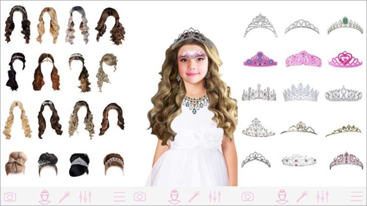 Người phụ nữ trẻ đang sử dụng điện thoại để quét khuôn mặt và thử các kiểu tóc nữ khác nhau.