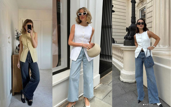 Outfit áo gile và quần jeans cá tính, phù hợp với mái tóc ngắn.