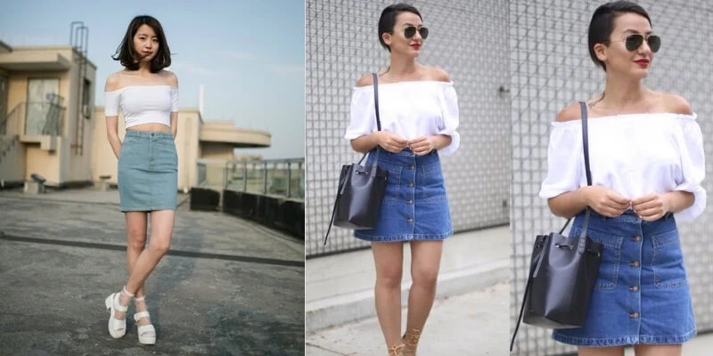Phong cách nữ tính với tóc ngắn và áo trễ vai kết hợp chân váy.