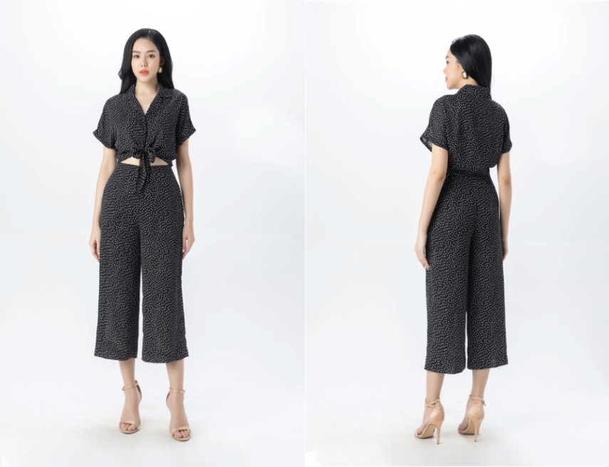 set lụa áo croptop và quần suông năng động