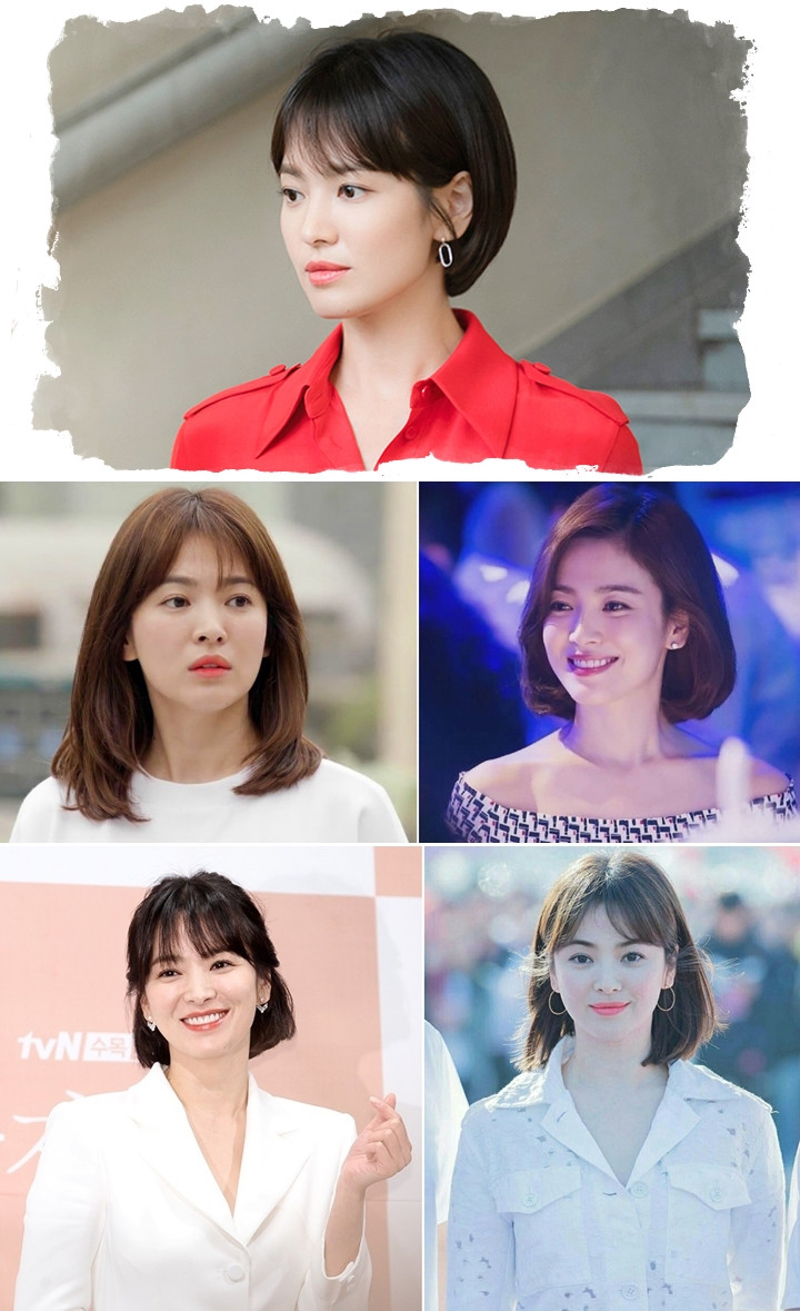 Song Hye Kyo với kiểu tóc bob ngắn ngang cằm, tạo vẻ đầy đặn cho khuôn mặt người gầy