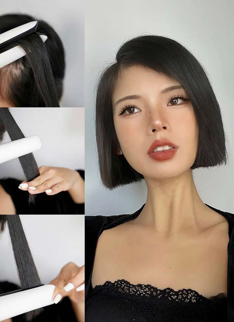 Tóc bob ngắn ngang vai mặt tròn kết hợp mái lệch sang trọng, làm nổi bật đường nét khuôn mặt