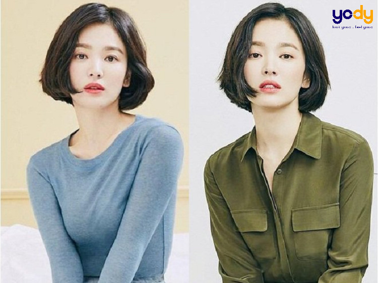 Tóc bob ngang cằm mái rẽ giữa bồng bềnh giúp mặt tròn thanh thoát