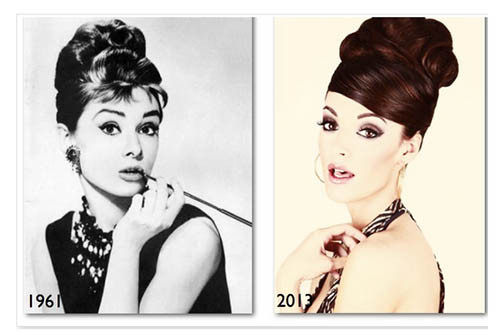 Tóc búi cao thanh lịch như Audrey Hepburn trong Breakfast at Tiffany's, chuẩn mực kiểu tóc vintage nữ.