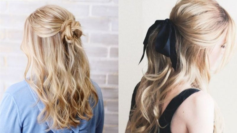 Tóc buộc đuôi ngựa nửa đầu nhuộm nâu vàng Tây cá tính và cuốn hút