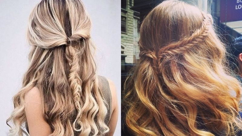 Tóc buộc nửa đầu được tết xương cá gọn gàng, mang đến vẻ đẹp cổ điển và duyên dáng, là một trong những kiểu tóc buộc nửa đầu đẹp