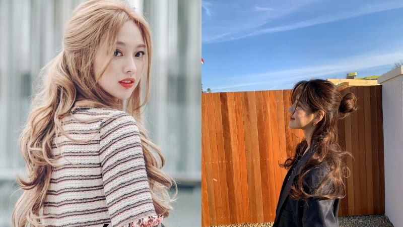 Tóc dài buộc nửa đầu thấp uốn sóng lớn tự nhiên và dịu dàng