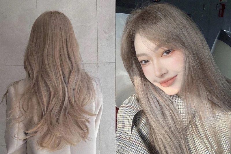 Tóc dài thẳng màu nâu sữa pha hồng ngọt ngào, tạo vẻ ngoài đáng yêu và cá tính