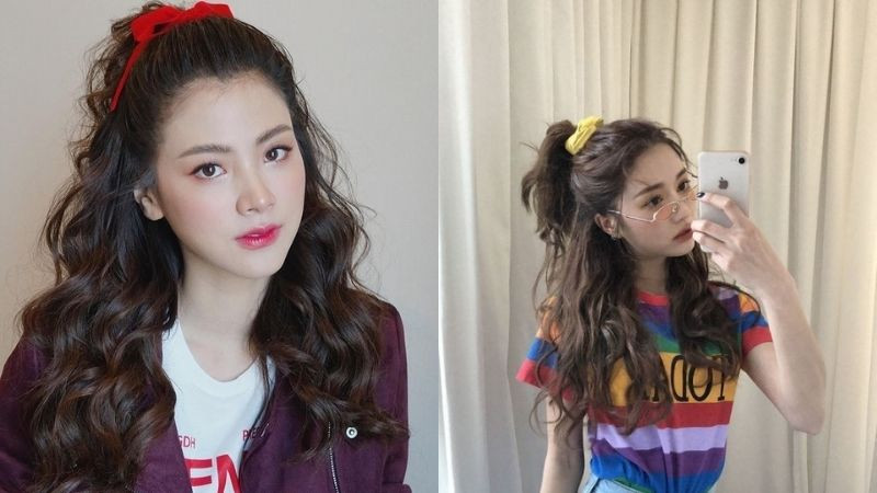 Tóc dài uốn lọn nhỏ buộc cao nửa đầu kết hợp nơ xinh xắn