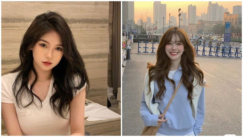 Tóc dài xoăn sóng lệch, tạo vẻ quyến rũ và thon gọn cho mặt tròn