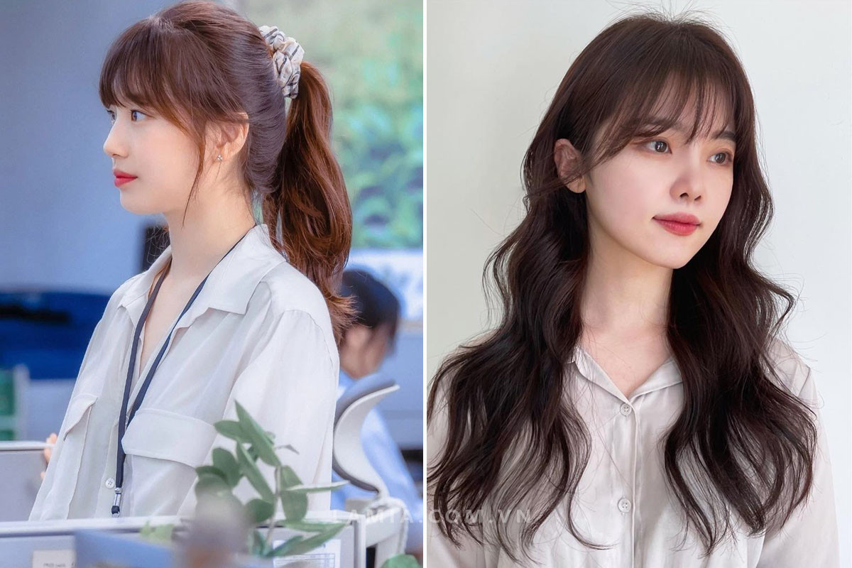 Tóc mái bay bồng bềnh ôm trọn khuôn mặt dài giúp tạo cảm giác cân đối.