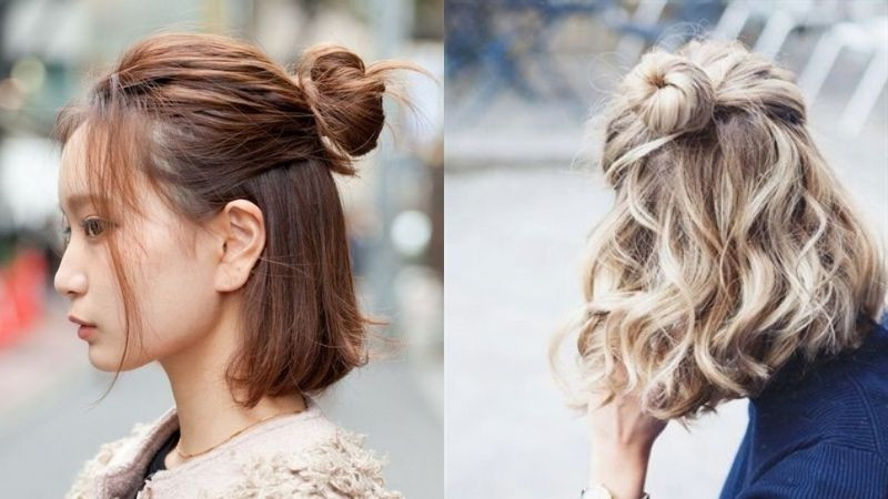 Tóc ngắn búi củ tỏi lơi thấp nửa đầu, tạo vẻ tinh nghịch và đáng yêu, là một trong những kiểu tóc buộc nửa đầu đẹp