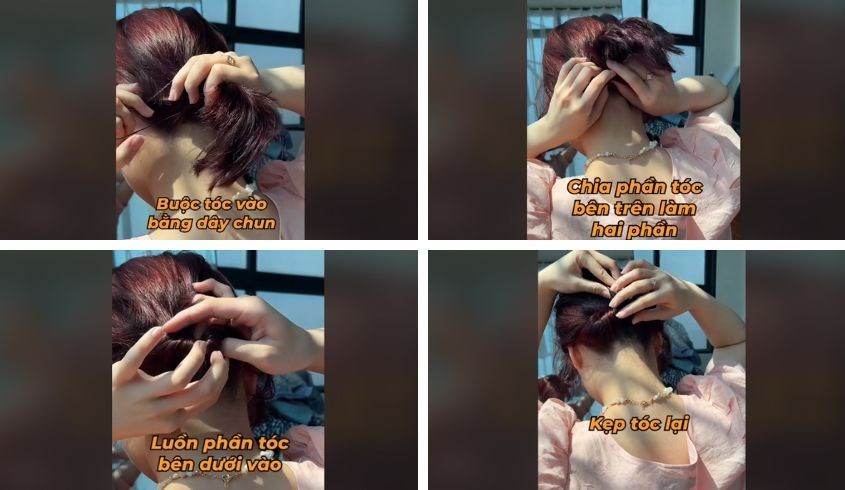 Tóc ngắn ngang vai được kẹp càng cua theo kiểu quấn ngược tạo vẻ gọn gàng