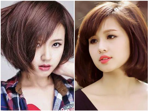 Tóc ngắn ngang vai mái xéo che trán thấp, hợp mặt tròn