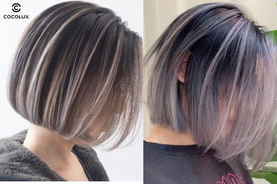 Tóc ngắn nhuộm line với màu nâu caramel, nâu tây, nâu vàng mang phong cách thanh lịch