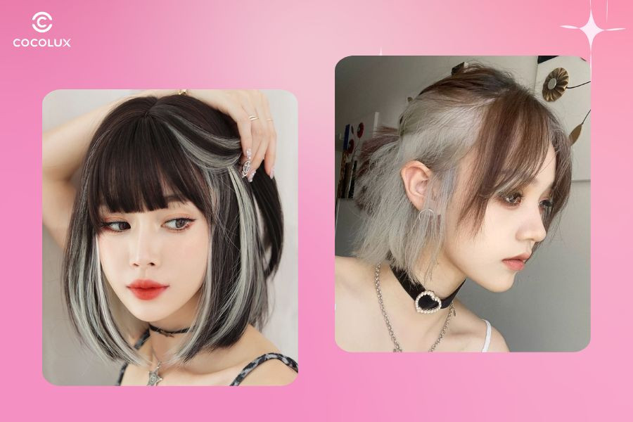 Tóc ngắn nhuộm line với tông màu sáng như vàng, bạch kim, xám khói