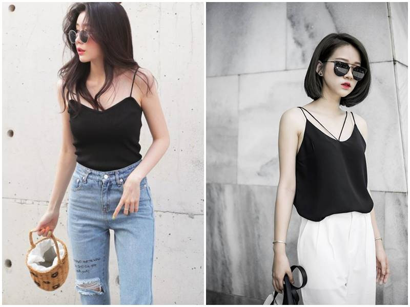 Tóc ngắn phối áo hai dây và quần short gợi cảm