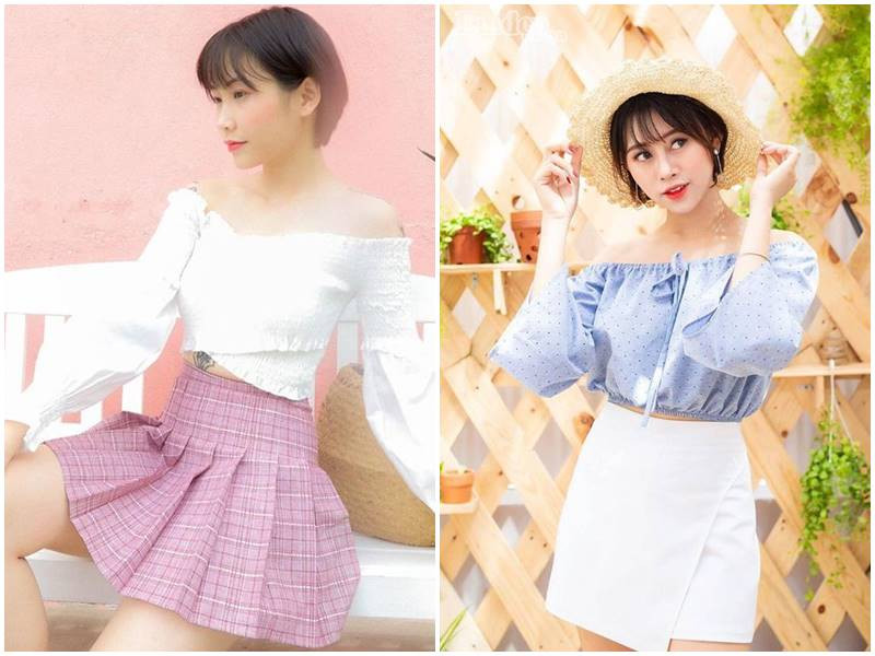 Tóc ngắn phối áo trễ vai và chân váy ngắn nữ tính