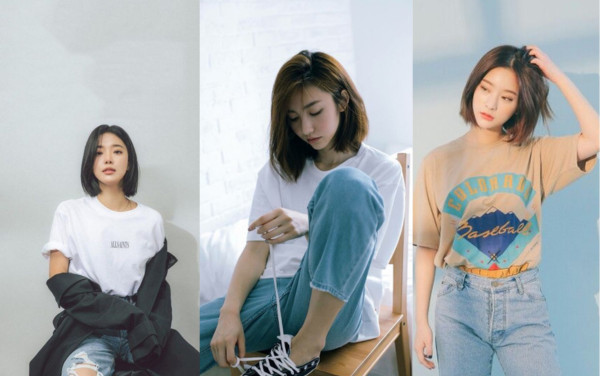 Tóc ngắn phối đồ với áo thun và quần jean trẻ trung