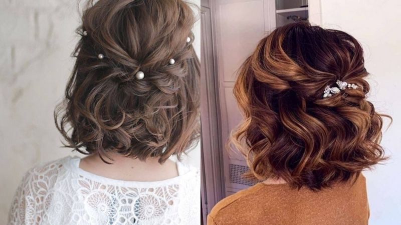 Tóc ngắn tết nhẹ hai bên, buộc nửa đầu và đính ngọc trai, tạo vẻ đẹp sang trọng và lấp lánh, là một trong những kiểu tóc buộc nửa đầu đẹp