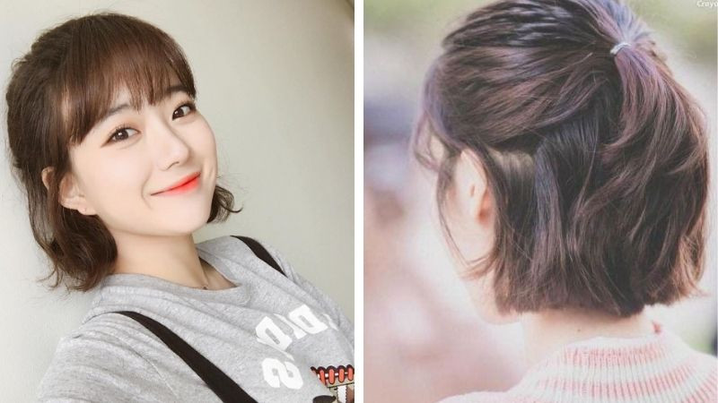 Tóc ngắn uốn cụp nhẹ ở đuôi, buộc lỏng nửa đầu, tạo vẻ trẻ trung và đáng yêu, là một trong những kiểu tóc buộc nửa đầu đẹp