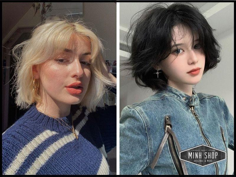 Tóc ngắn uốn gợn sóng tự nhiên cho mặt vuông góc cạnh