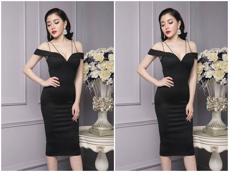 Tóc ngắn và đầm trễ vai quyến rũ