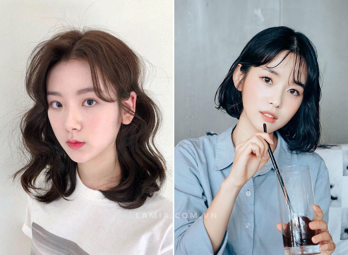 Tóc ngắn xoăn phồng nhuộm màu tối cho nữ mặt dài